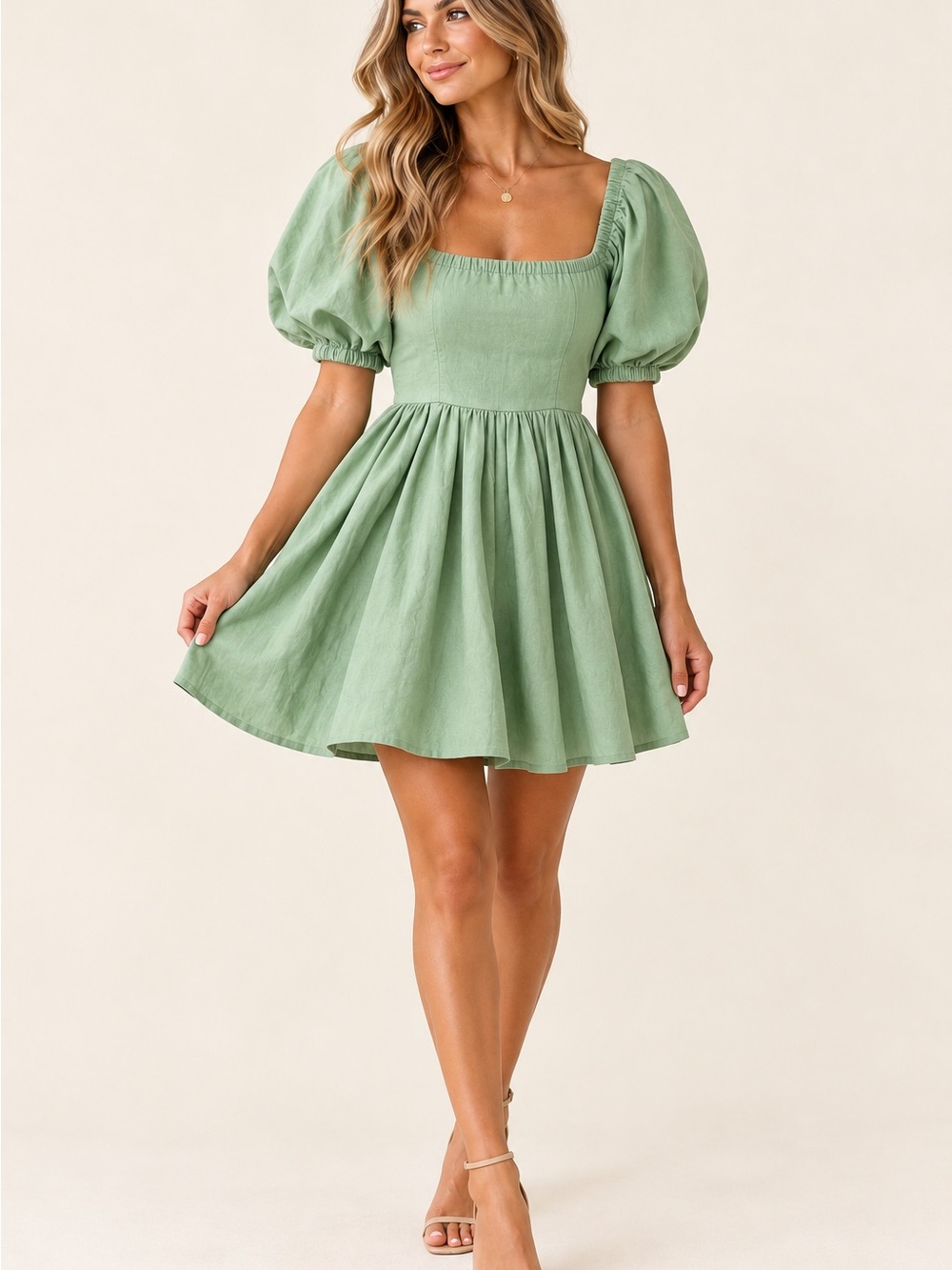 ASOS Puff-Sleeve Square Neck Mini Dress in Sage